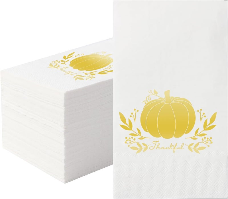Tamone 100-Piece Thanksgiving Napkins - Gold & White with Pumpkin Design - 3-Ply Disposable Premium Quality Dinner Napkins for Wedding & Party - Image 1